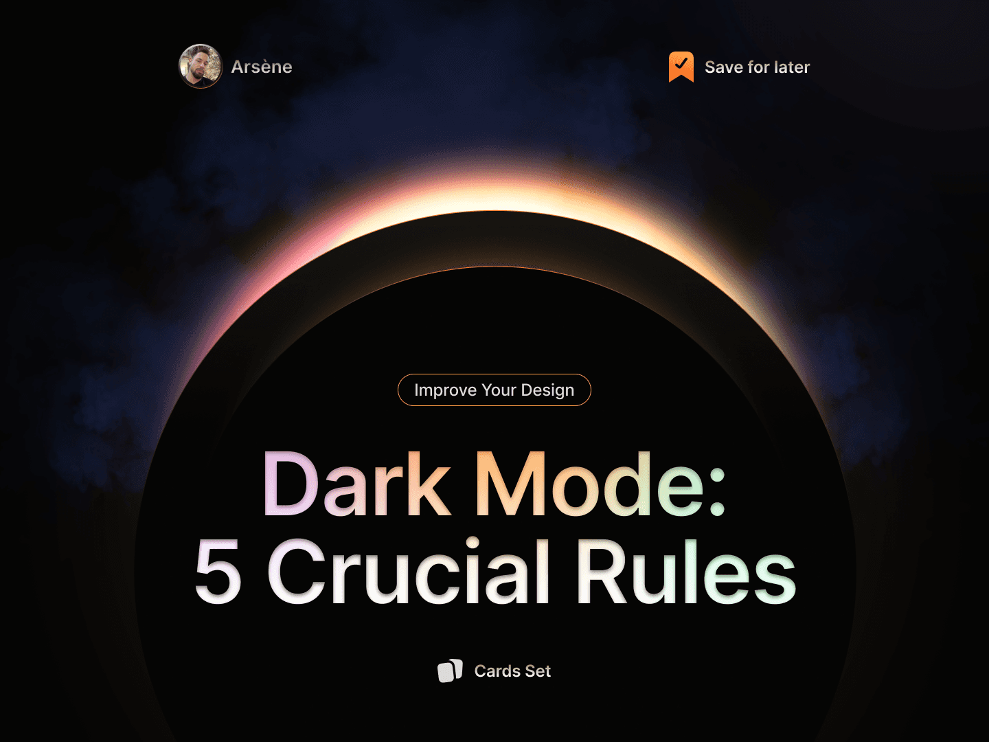 Cover for a UI/UX guide on dark mode design, featuring a glowing eclipse effect, bold typography, and a sleek, modern aesthetic.