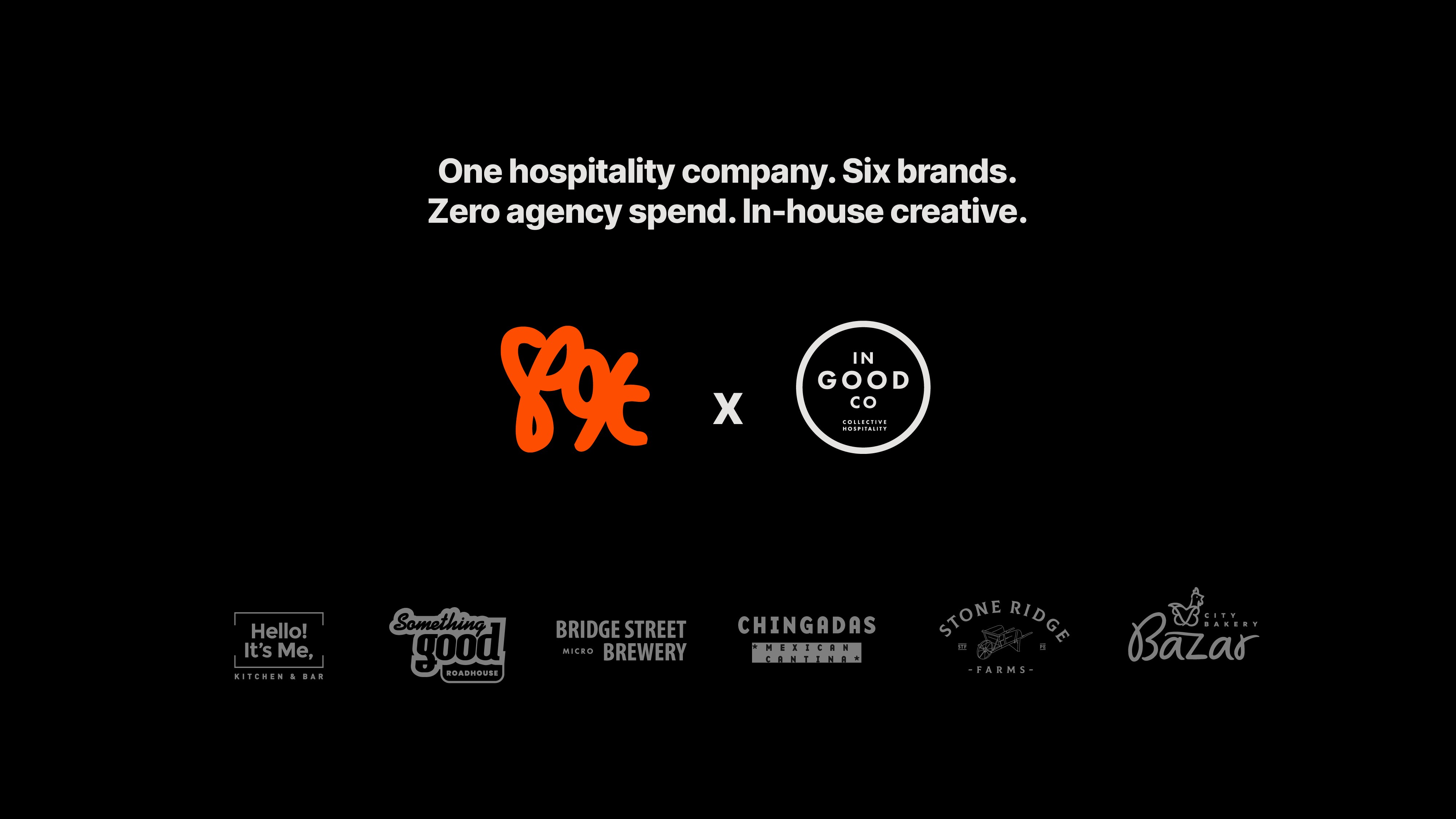 Text graphic reading "One hospitality company. Six brands. Zero agency spend. In-house creative." with logos for 89c, In Good Co, Hello! It’s Me, Something Good Roadhouse, Bridge Street Micro Brewery, Chingadas Mexican Cantina, Stone Ridge Farms, and City Bakery Bazar.