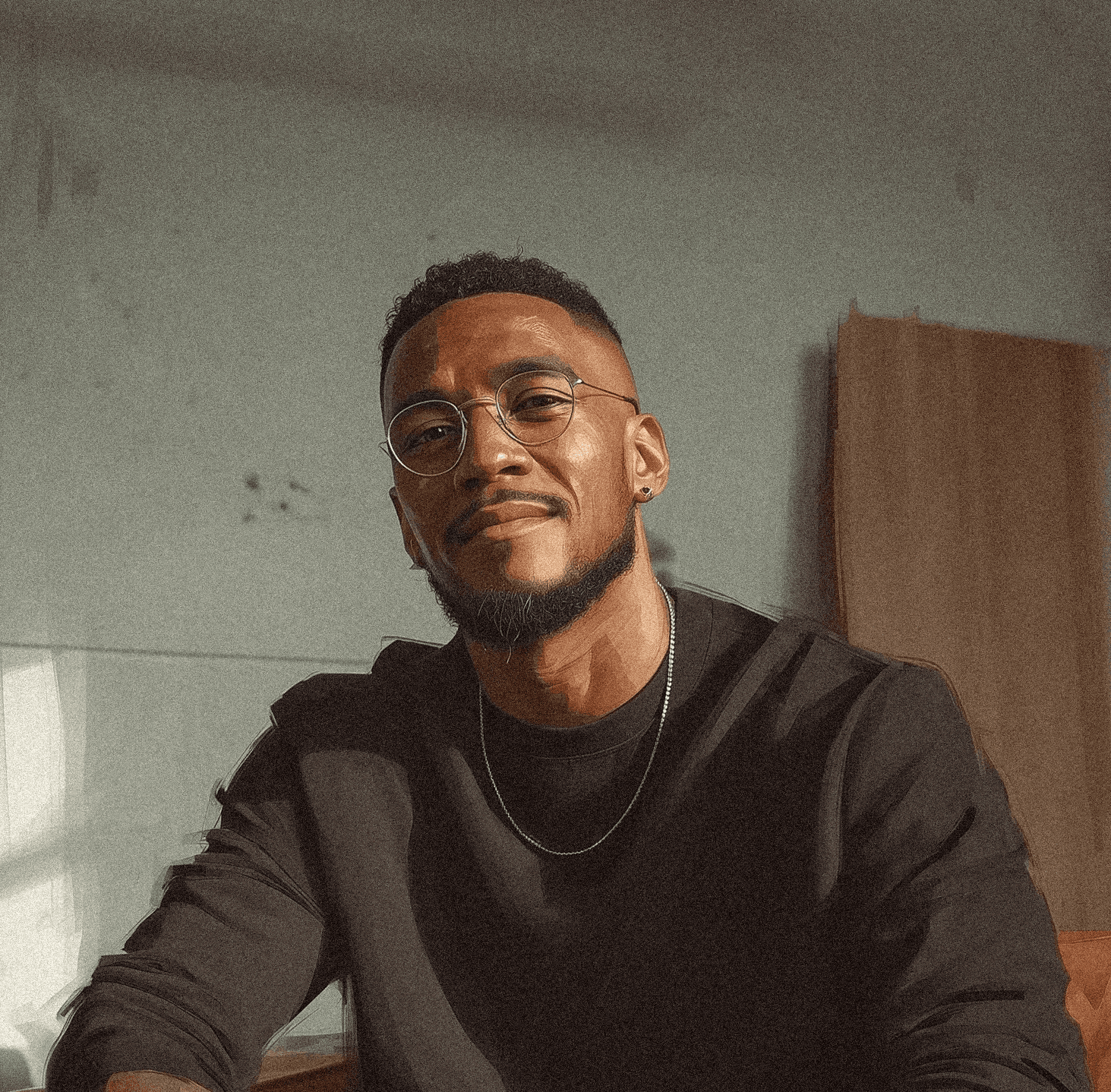 A writer, sitting in his office, dressed casually. Candidate for a job, looking confidently in the camera.