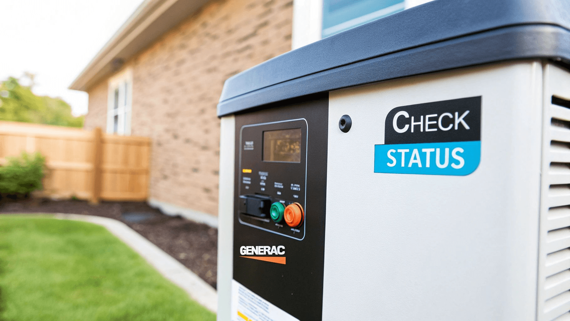 a generator with a sticker that reads 'check status'