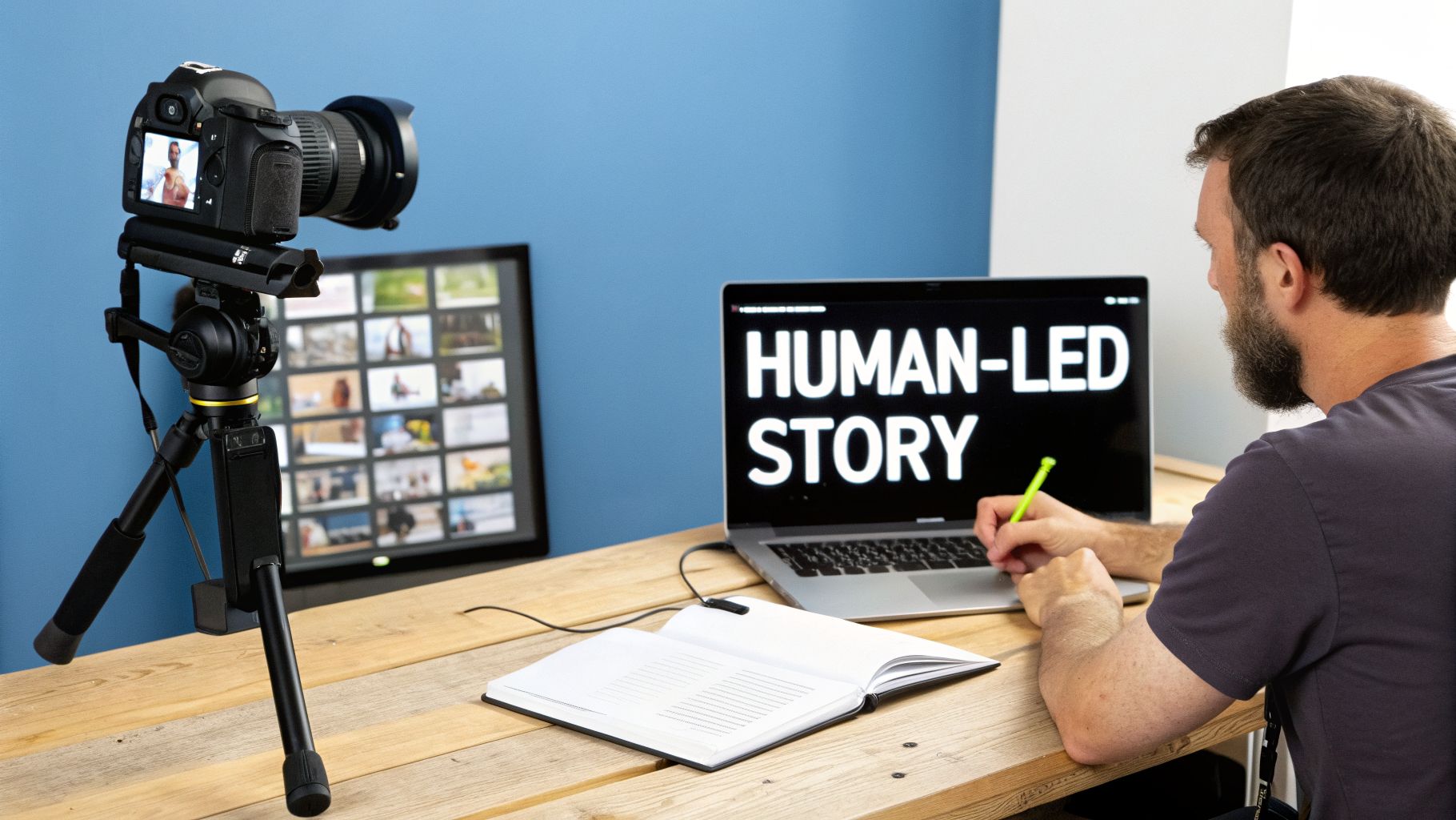 A man works at a desk with a laptop, camera, and monitor for content creation.