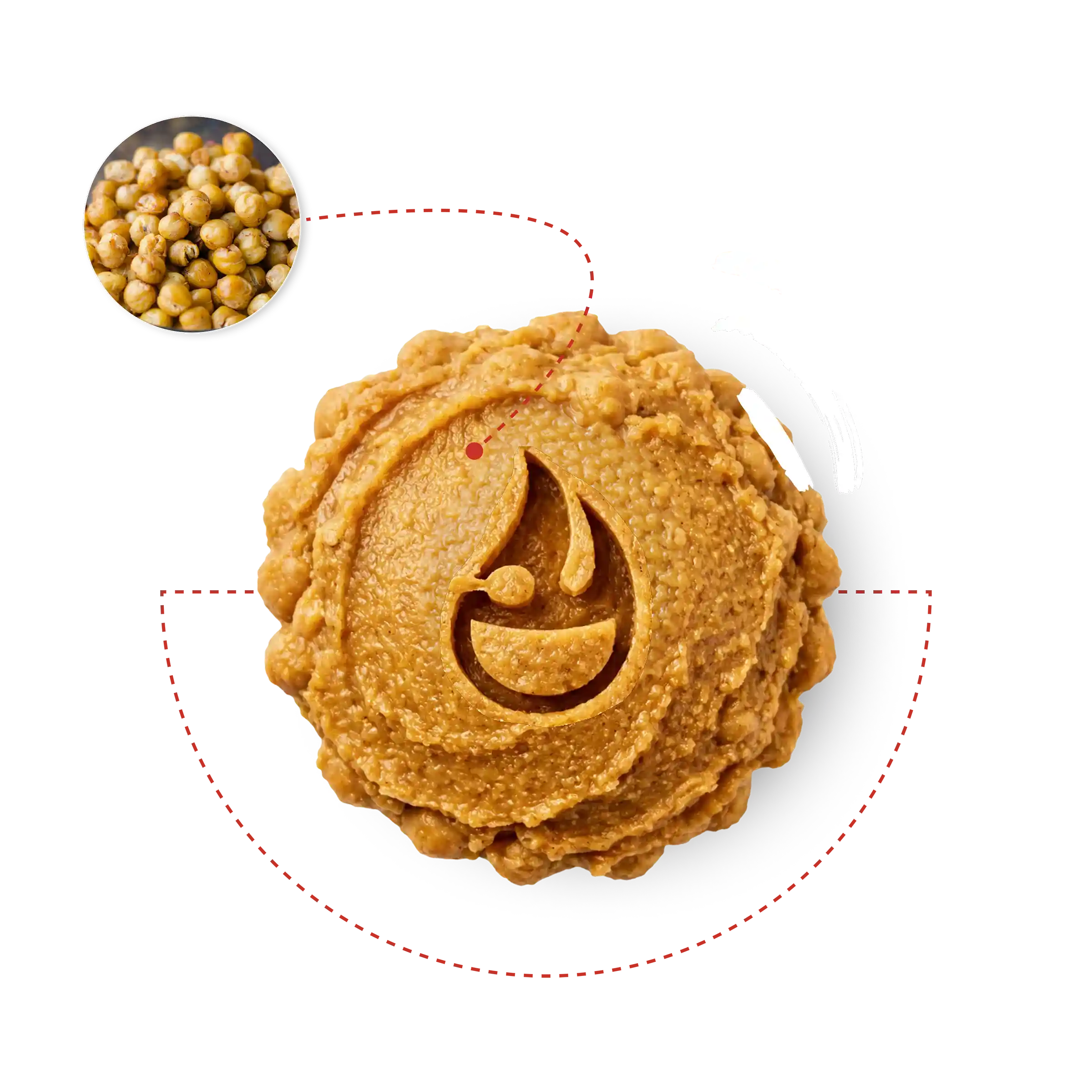 Top down view of miso-paste with miso healthy logo icon embedded into paste. A small thumbnail image of close-up shot of garbanzo beans