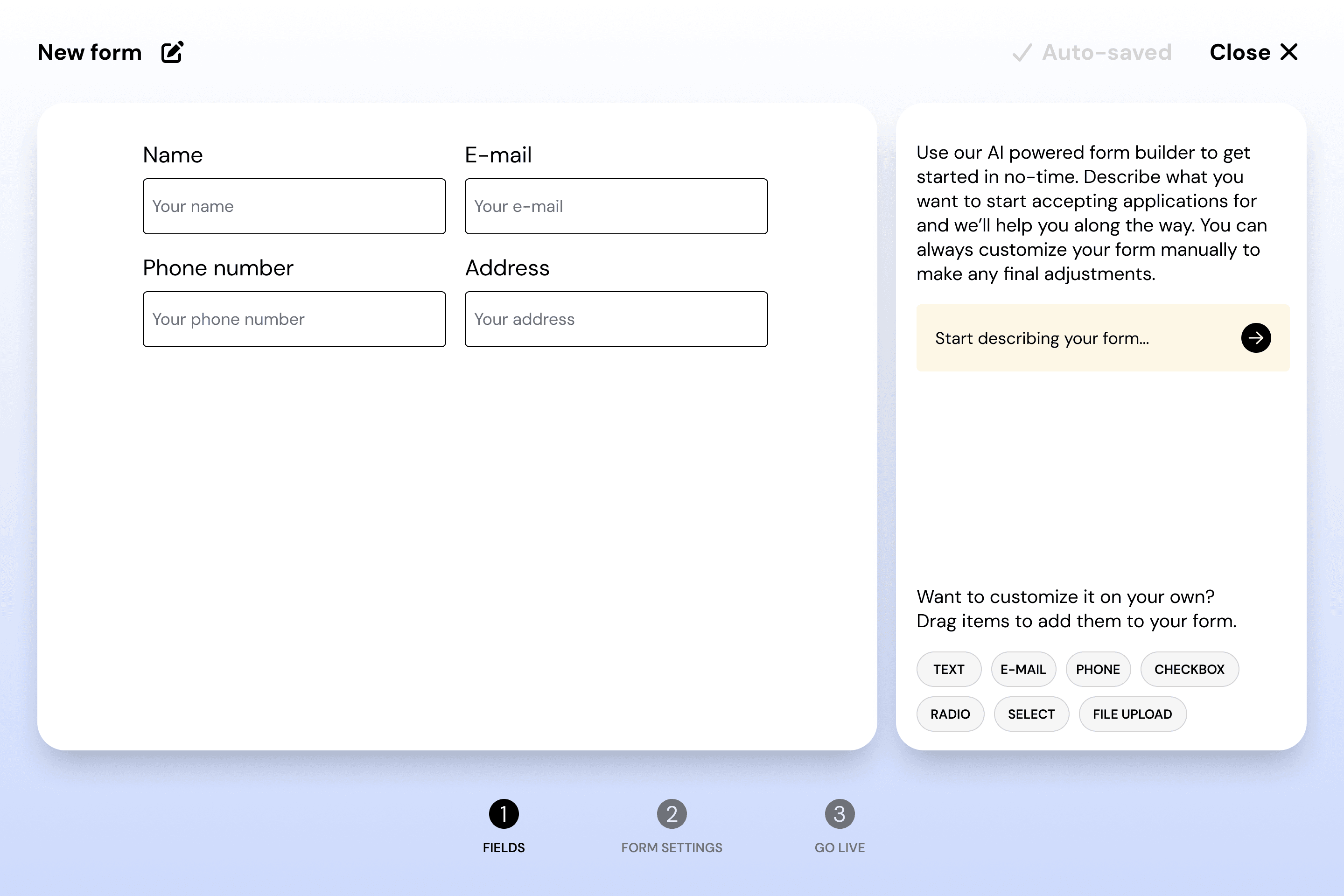 An image from the Nordgrant software that shows the creation of a new form