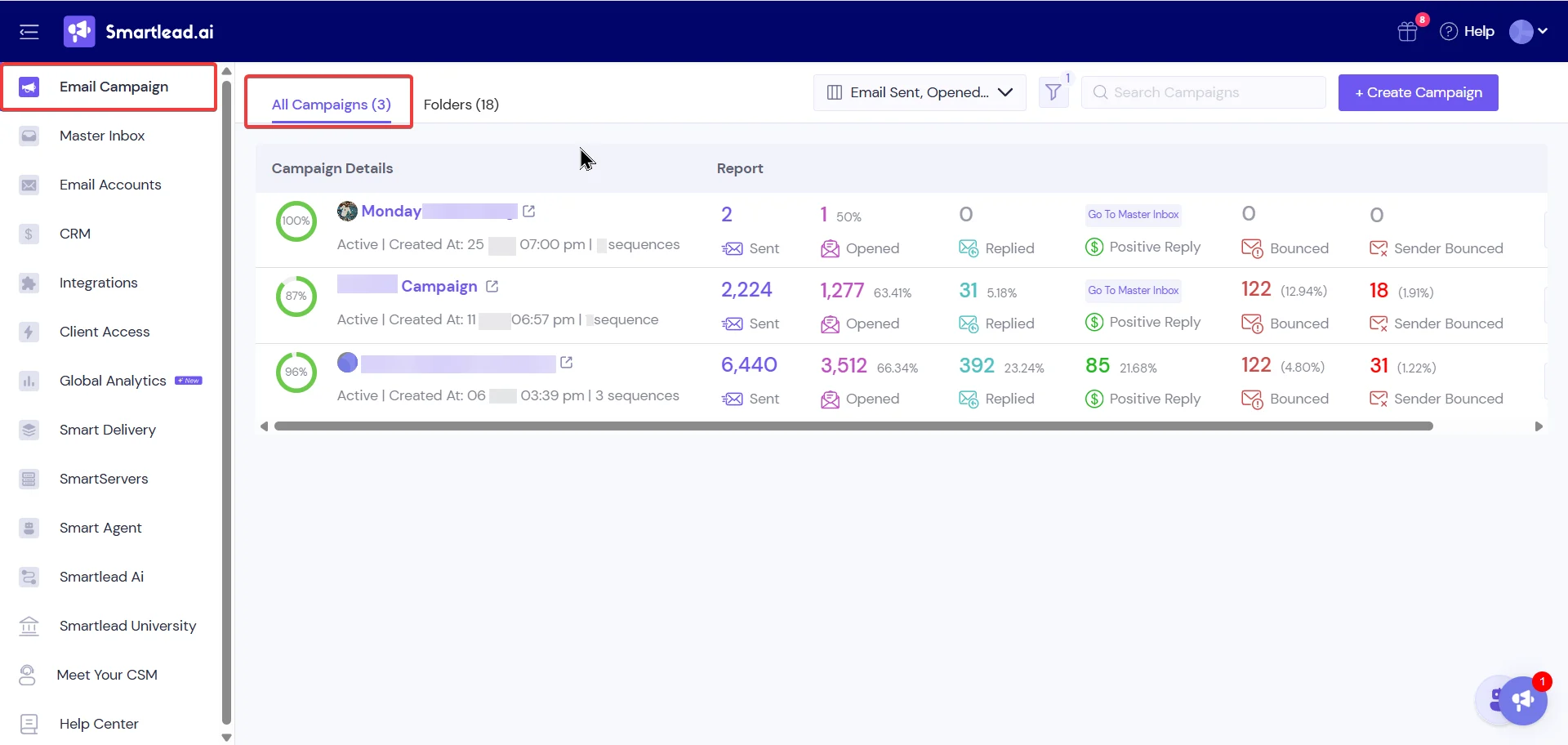 Best Apollo alternatives Smartlead campaign dashboard with unlimited mailbox rotation pool and master inbox view.