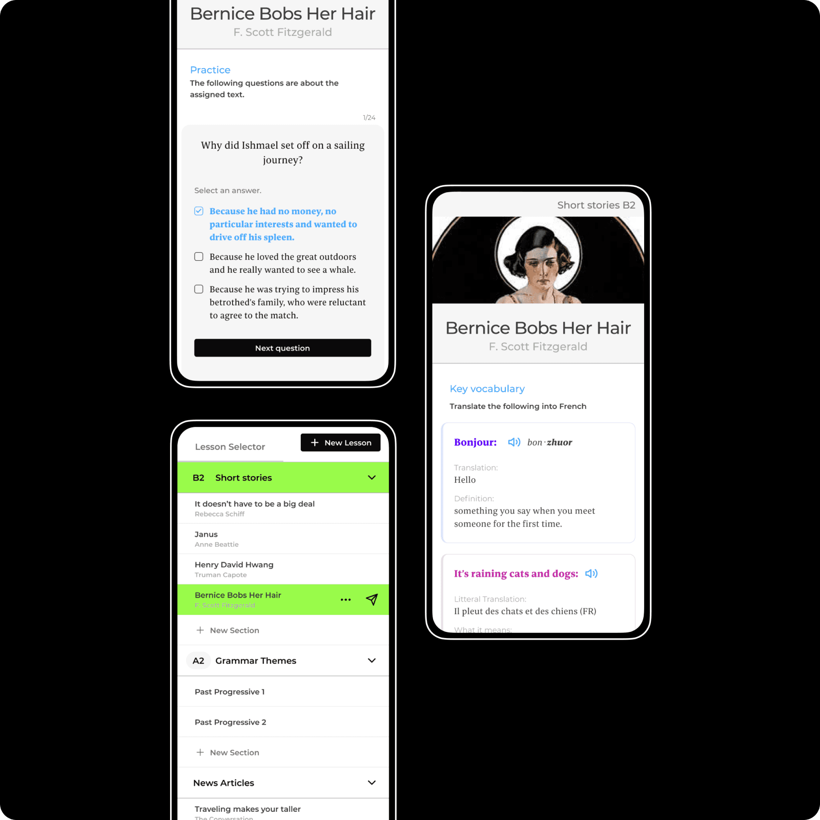 3 screen mockups of the Bookworm app