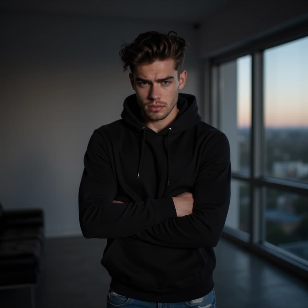 ein mann mit verschränkten armen in einer Wohnung