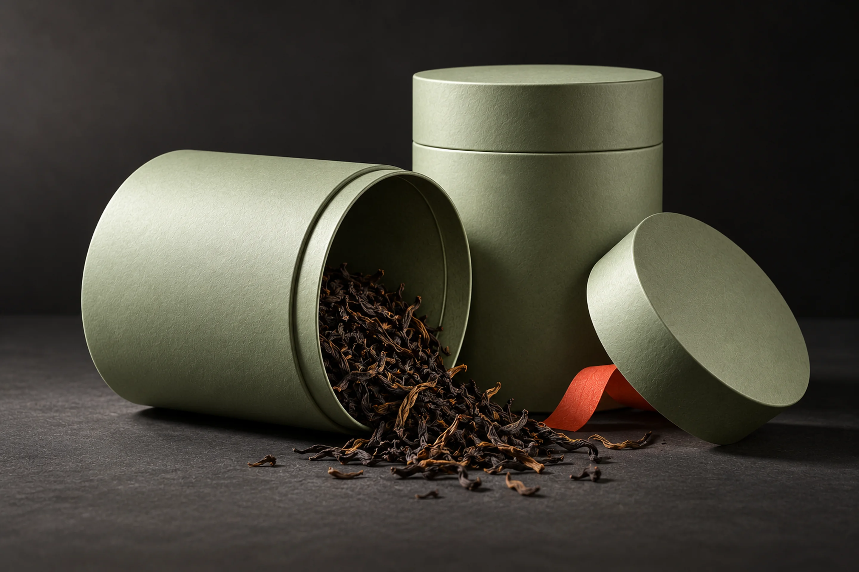 Pistachio tea tins with loose leaves and orange ribbon