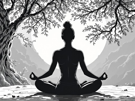 A grayscale illustration of a woman sitting in a lotus position under a tree, with mountains in the background.