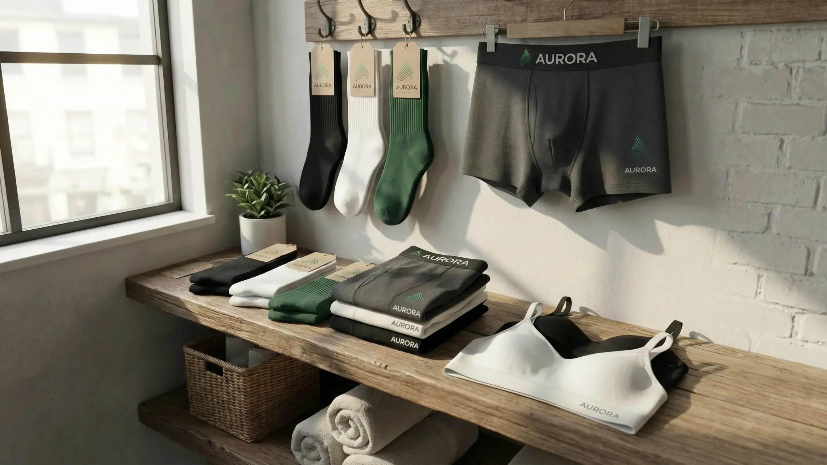 An organized display of Aurora socks in black, white, and green, alongside branded undergarments, on a wooden laundry room shelf.
