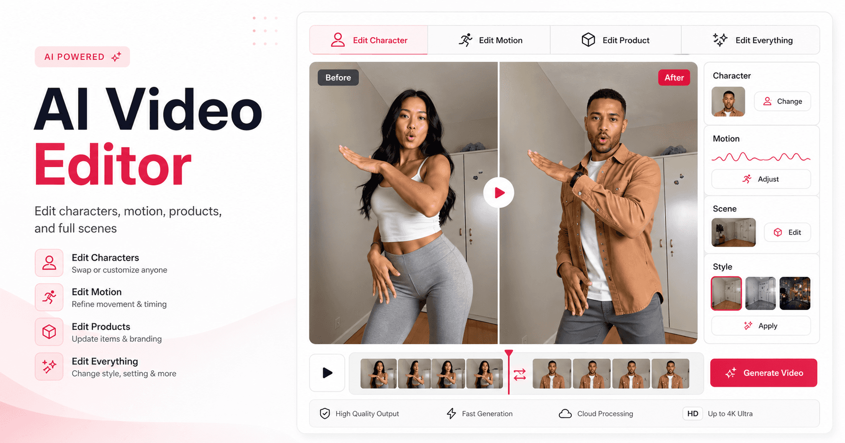 KI-Video-Editor für Erstellervideos, Anzeigen und Produktclips