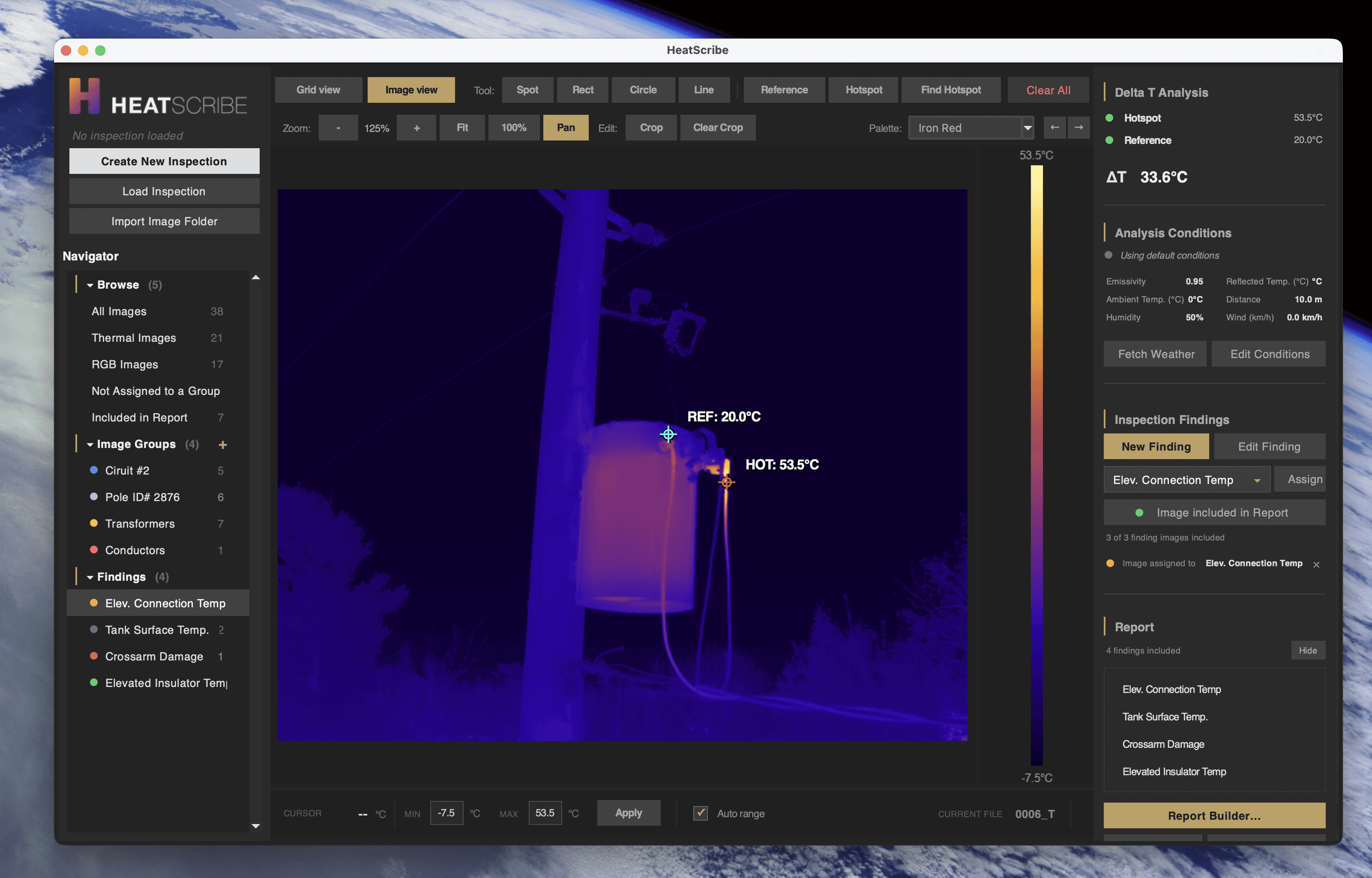 A screenshot showing HeatScribe running natively on macOS with a dji thermal image and temperature measurements on screen