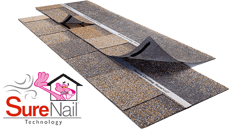 Decorative image showing roofing shingle strips on a transparent background.
