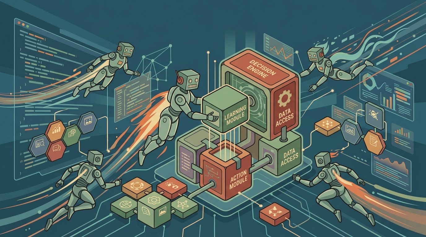 Robots assembling various blocks