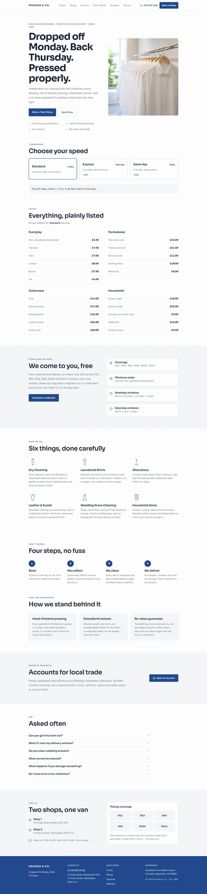 Full dry cleaner website design: shirt rail hero, turnaround speeds, price list, pickup, guarantees