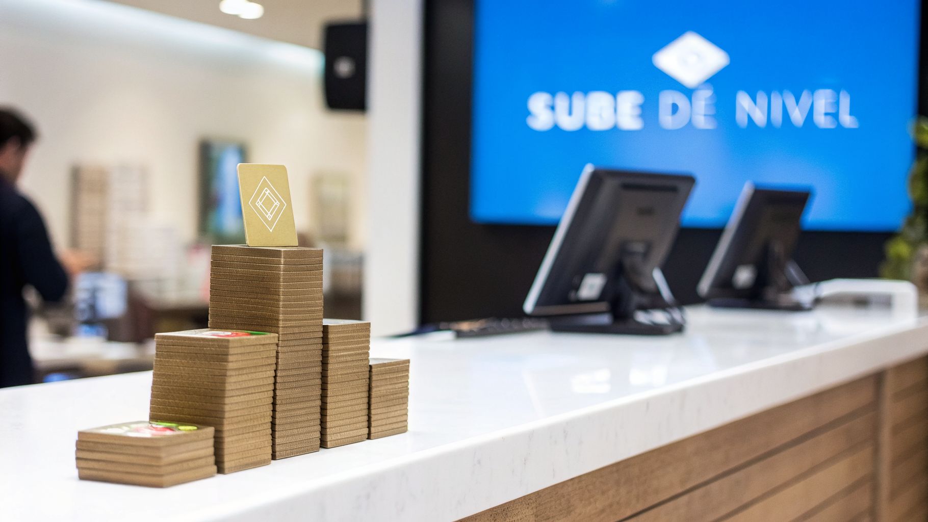 Pilas de tarjetas o posavasos en un mostrador, con una pantalla mostrando 'SUBE DE NIVEL' al fondo.