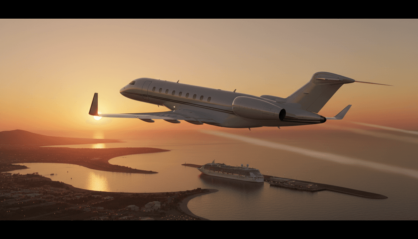 A private jet climbing over the coastline and harbor at dawn — the direct flight home that begins the moment you disembark