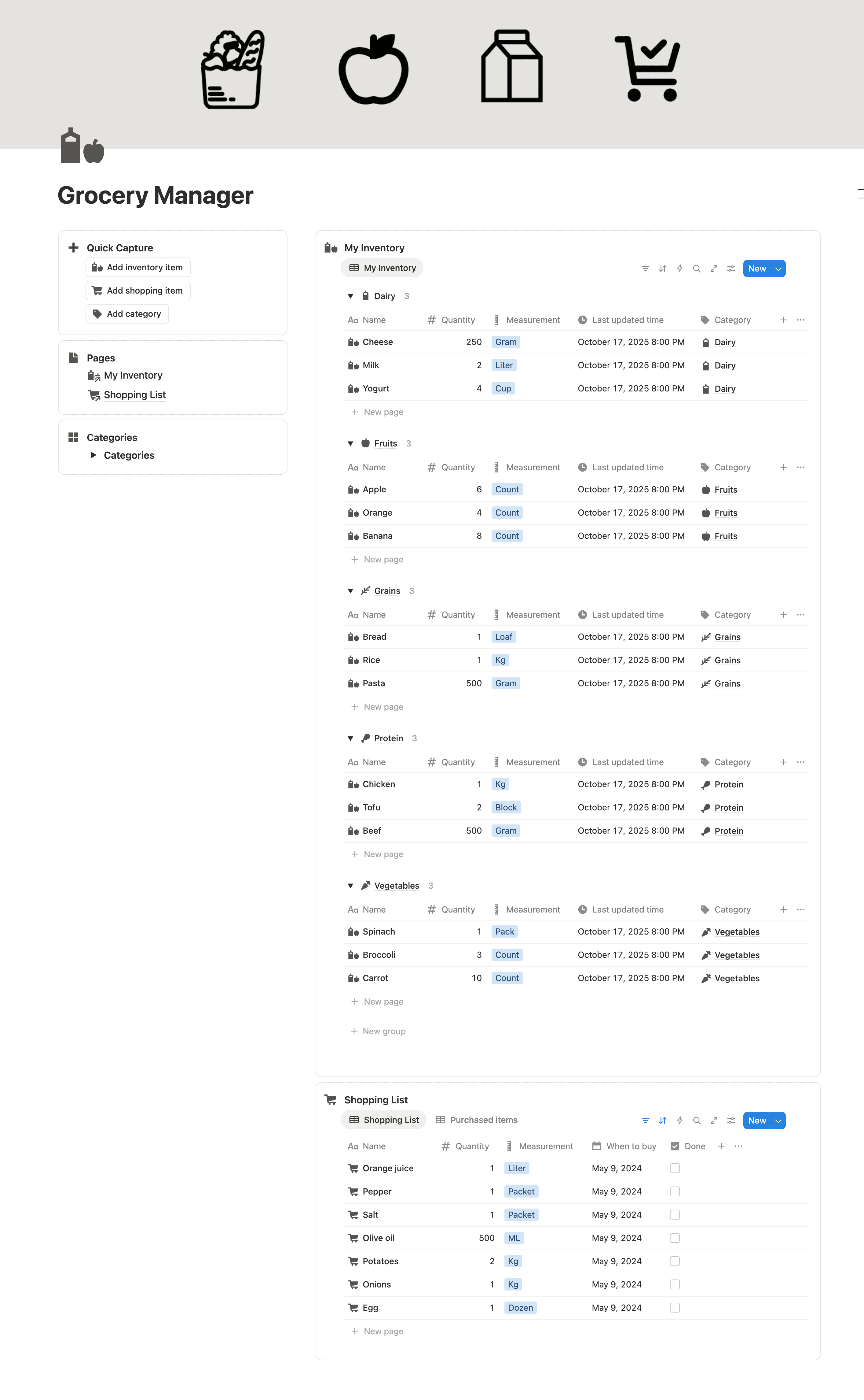 Grocery Manager Notion template for creating and organizing shopping lists