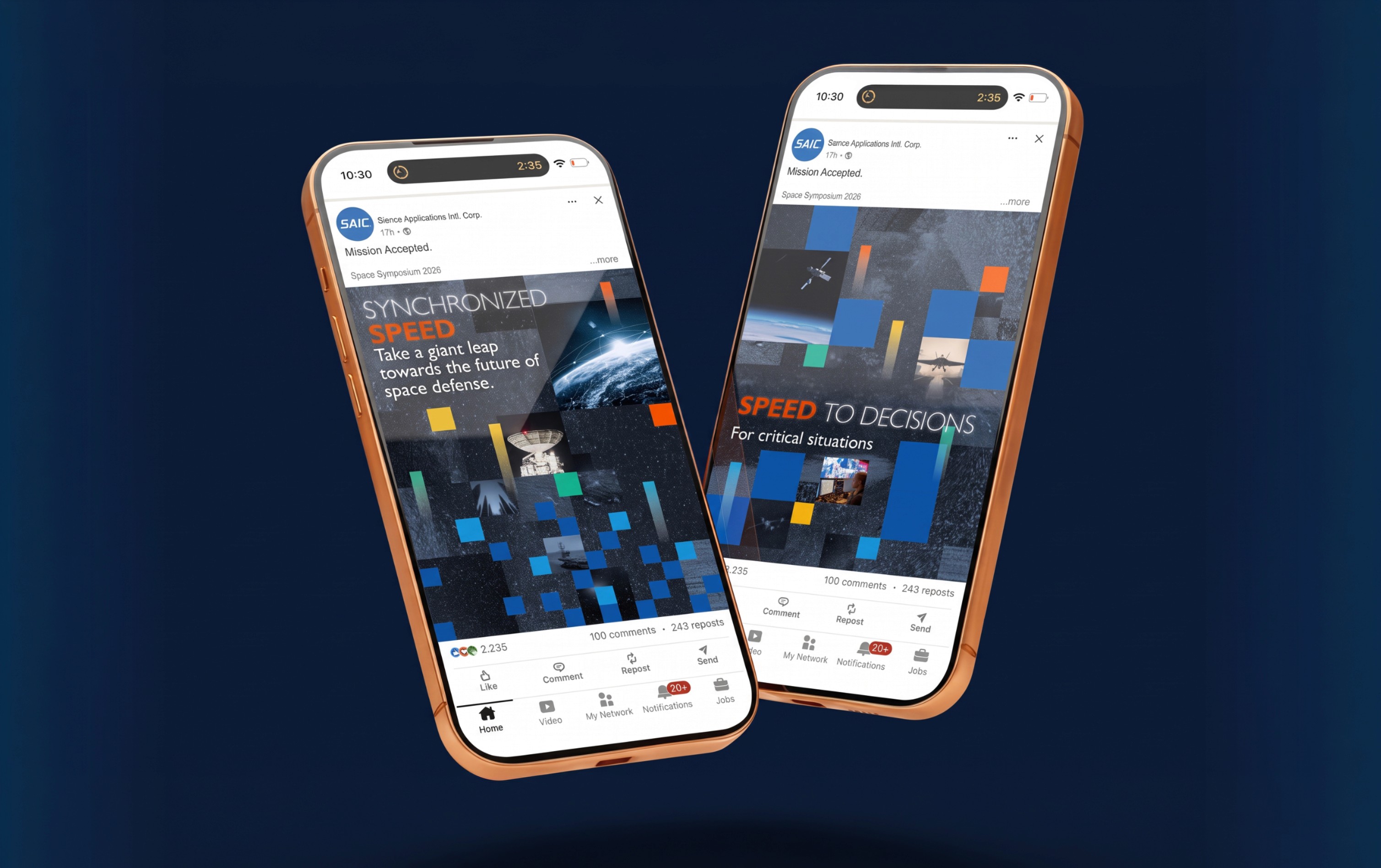 Two phones showing SAIC social posts, Synchronized Speed and Speed to Decisions, with space and satellite imagery