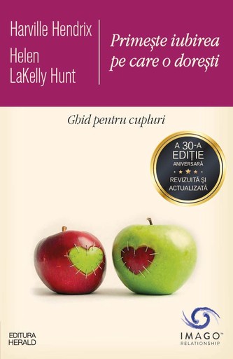 A book cover featuring red and green apples with a heart shape cutout, alongside a stylized logo at the bottom.