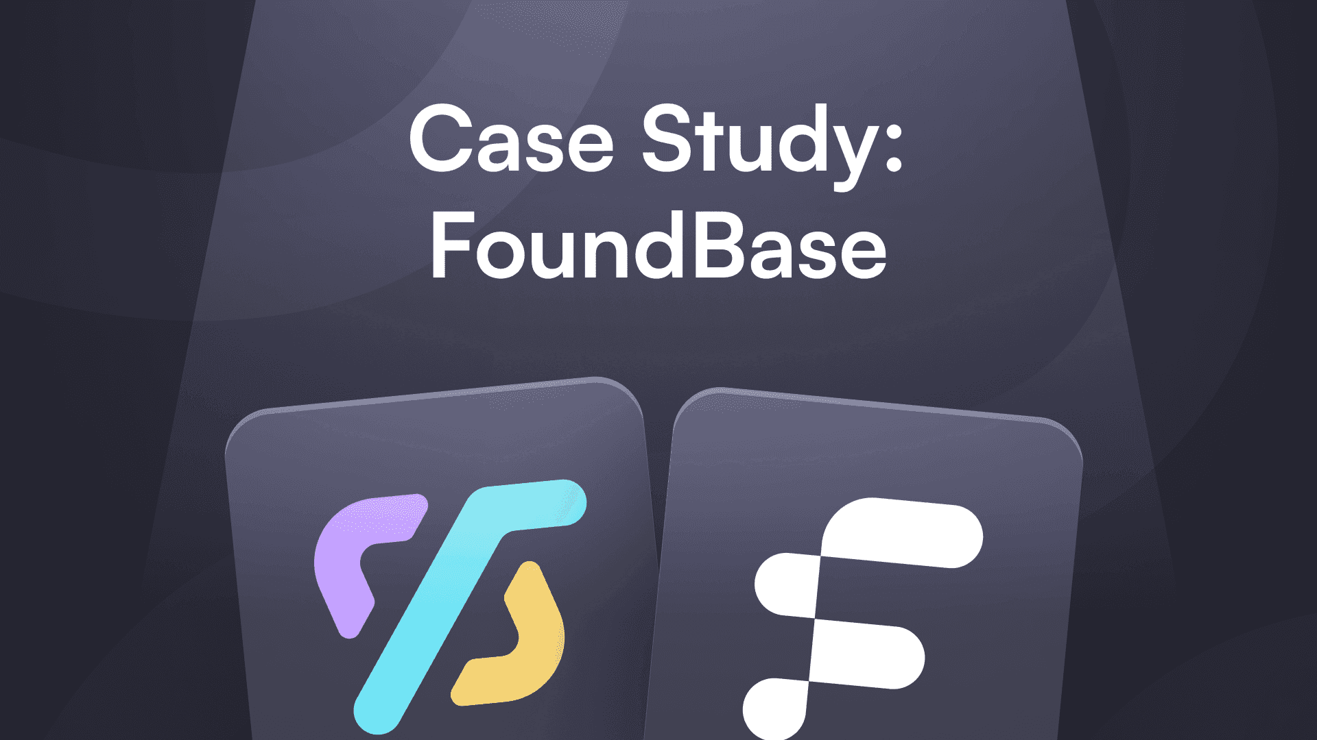 Alternativtext: "Dunkler abstrakter Hintergrund mit dem Text 'Fallstudie: FoundBase' über zwei digitalen Symbolen mit farbenfrohen und minimalistischen Designs."