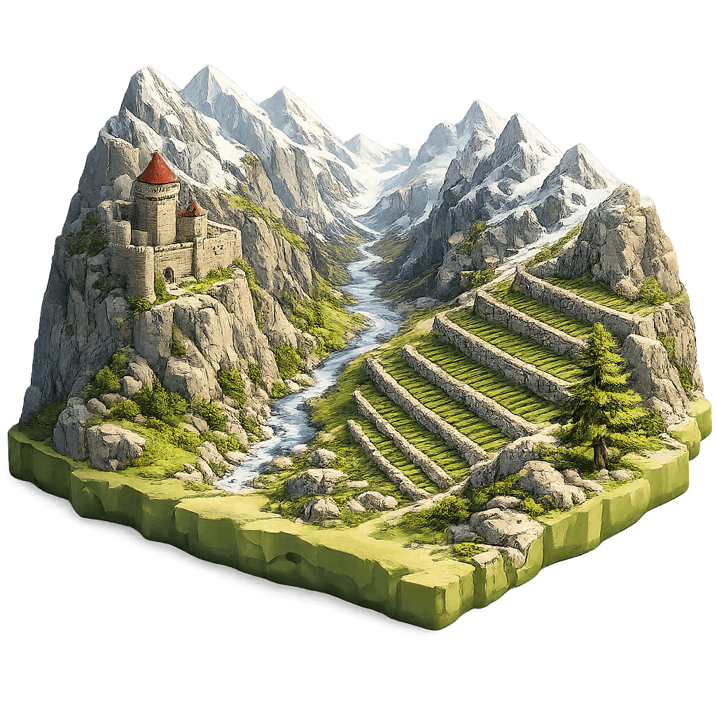 Artistic illustration of the Valle d'Aosta wine region.