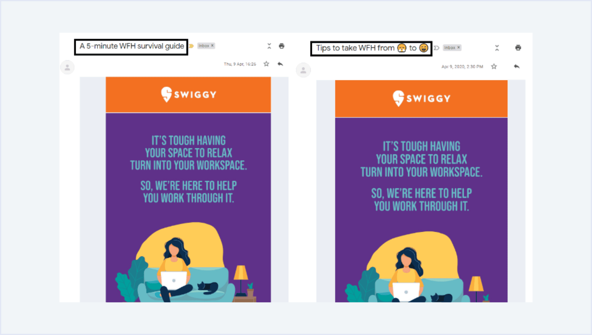 Subject Line A/B Testing - Swiggy: Two email subject lines comparing styles, one using emojis and the other plain text, to demonstrate A/B testing for engagement.