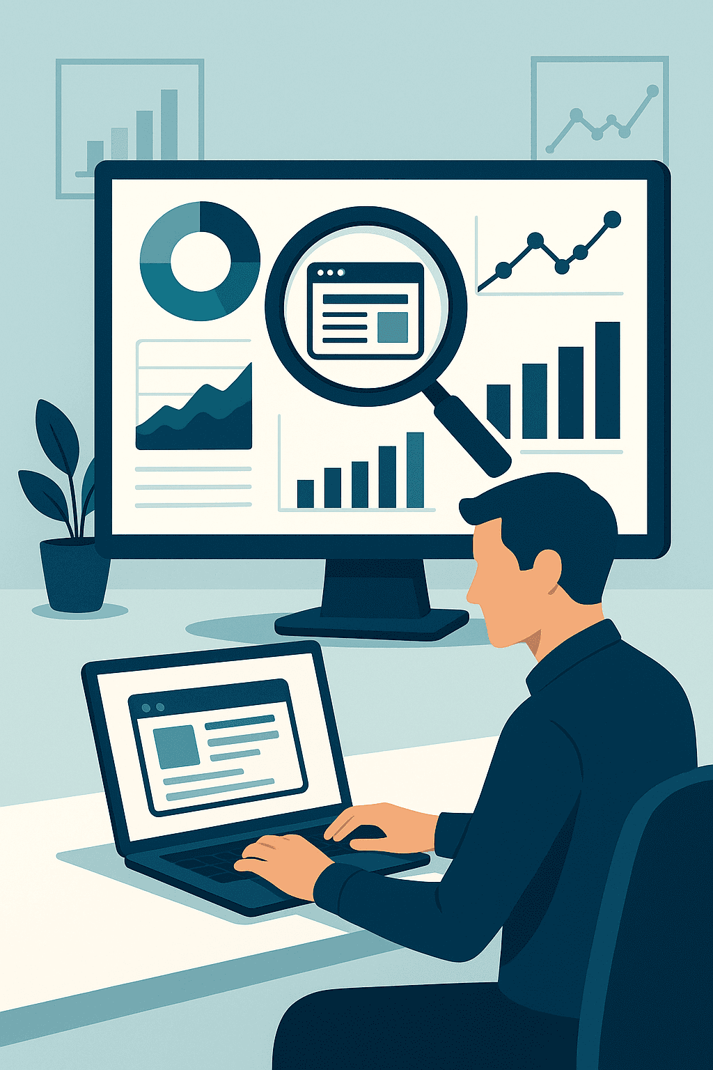 A person sits at a desk working on a laptop, with a large monitor displaying various analytical graphs and charts, including line graphs, bar graphs, and pie charts, alongside a magnifying glass highlighting data, illustrating the concept of data analysis and digital marketing strategies.