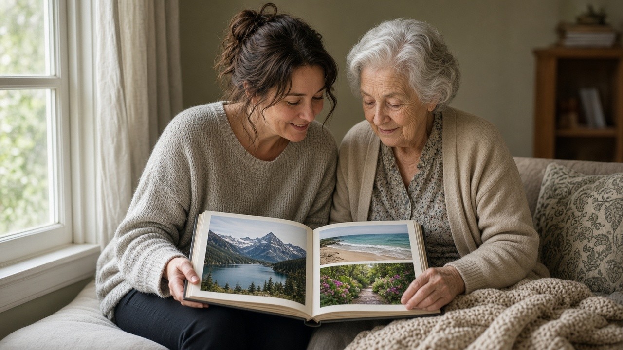 This image depicts a middle-aged woman and an elderly woman sitting on a comfortable sofa near a window, looking at a photo album together. Both women appear engaged and smiling as they browse through scenic photographs of nature, including mountains, a beach, and a garden pathway. The setting is a cozy living room with soft lighting and neutral-colored furnishings. This image can be used to illustrate themes of family bonding, dementia care, cognitive therapy through reminiscence, and intergenerational connections.