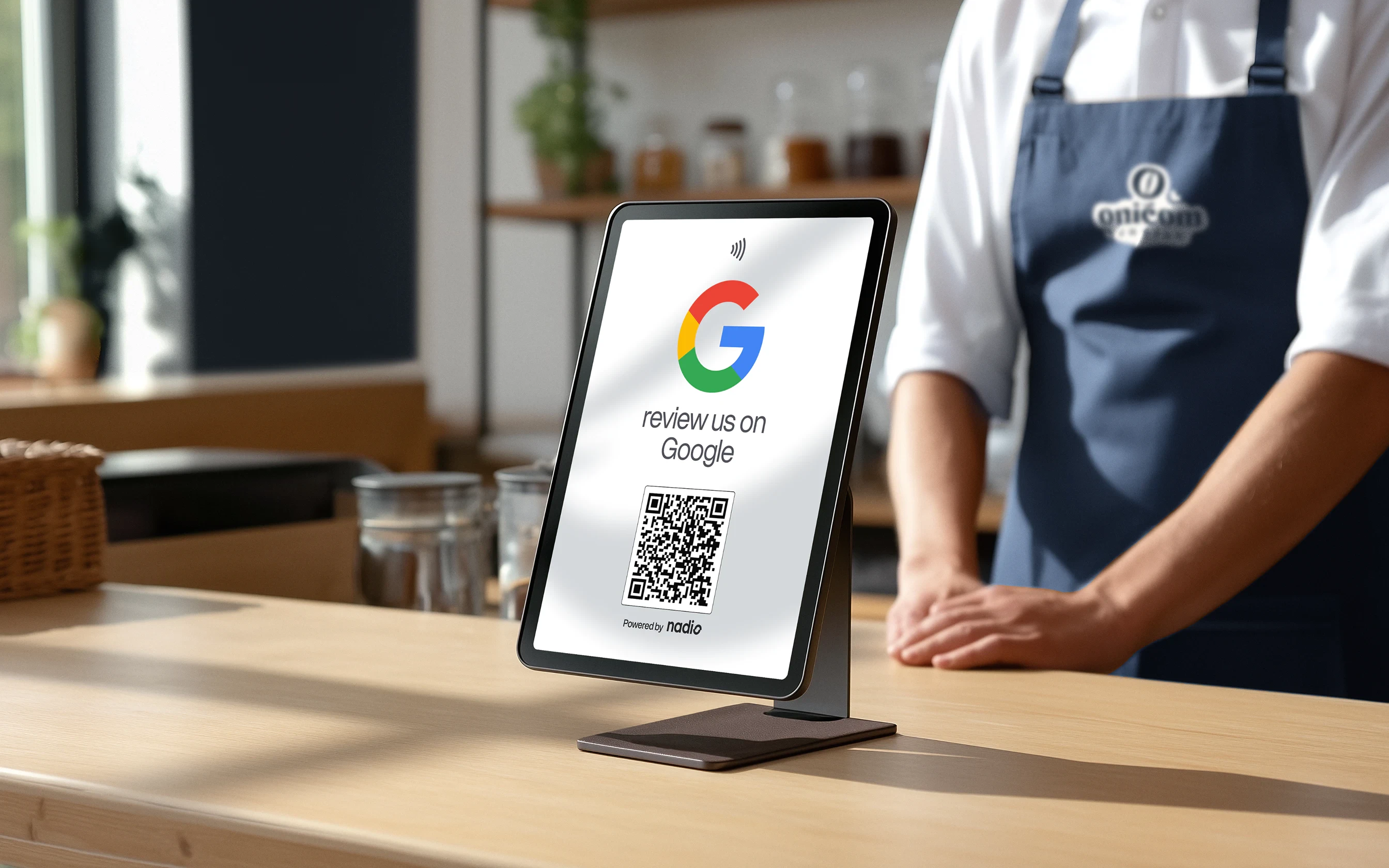Google review QR code display stand on O Ničom café wooden counter.