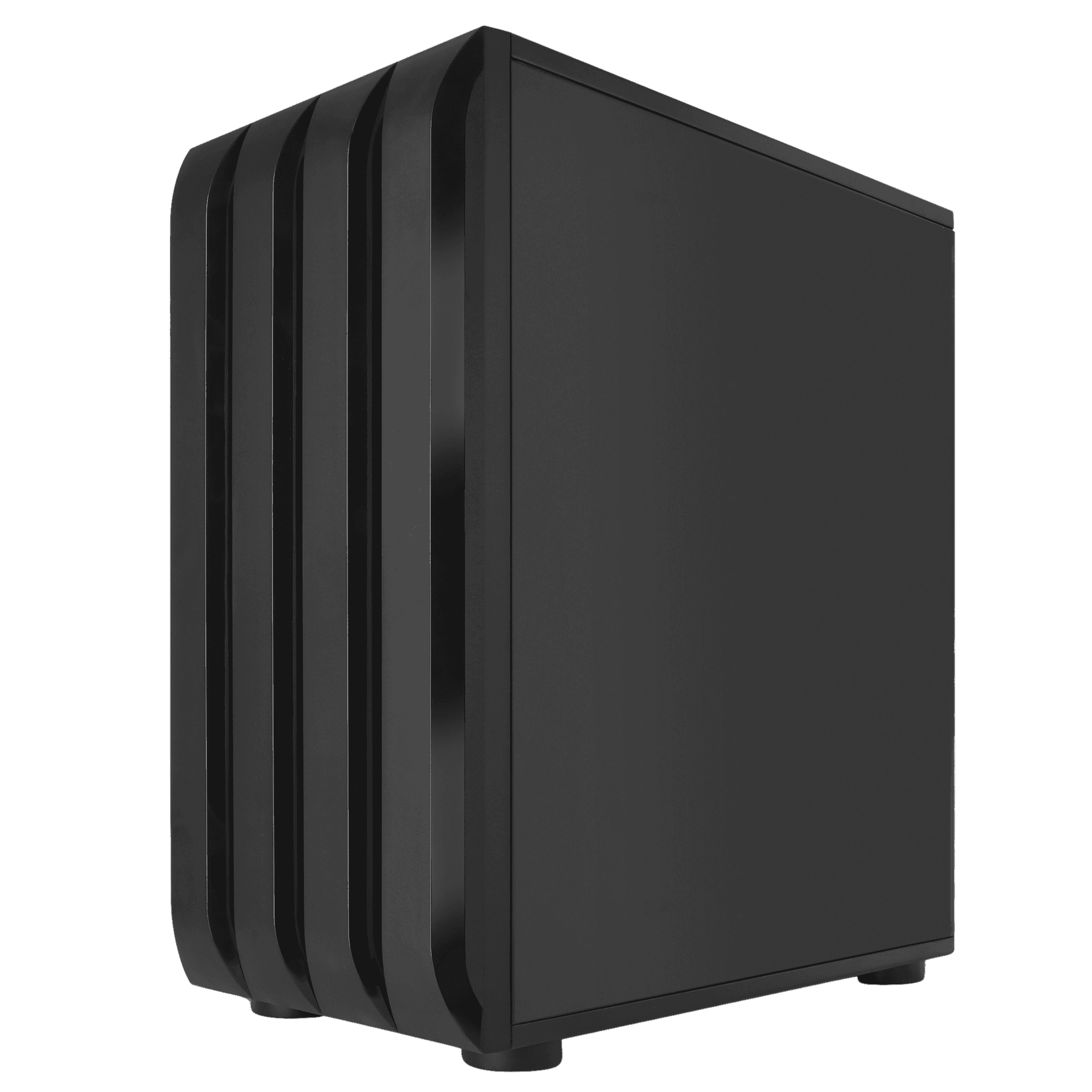 Side view of a sleek black gaming PC case showcasing its minimalist design with multiple cooling slots. This high-performance tower is ideal for gaming enthusiasts looking to build the best gaming PC of 2023, featuring excellent airflow and modular customization options for various gaming builds and configurations.