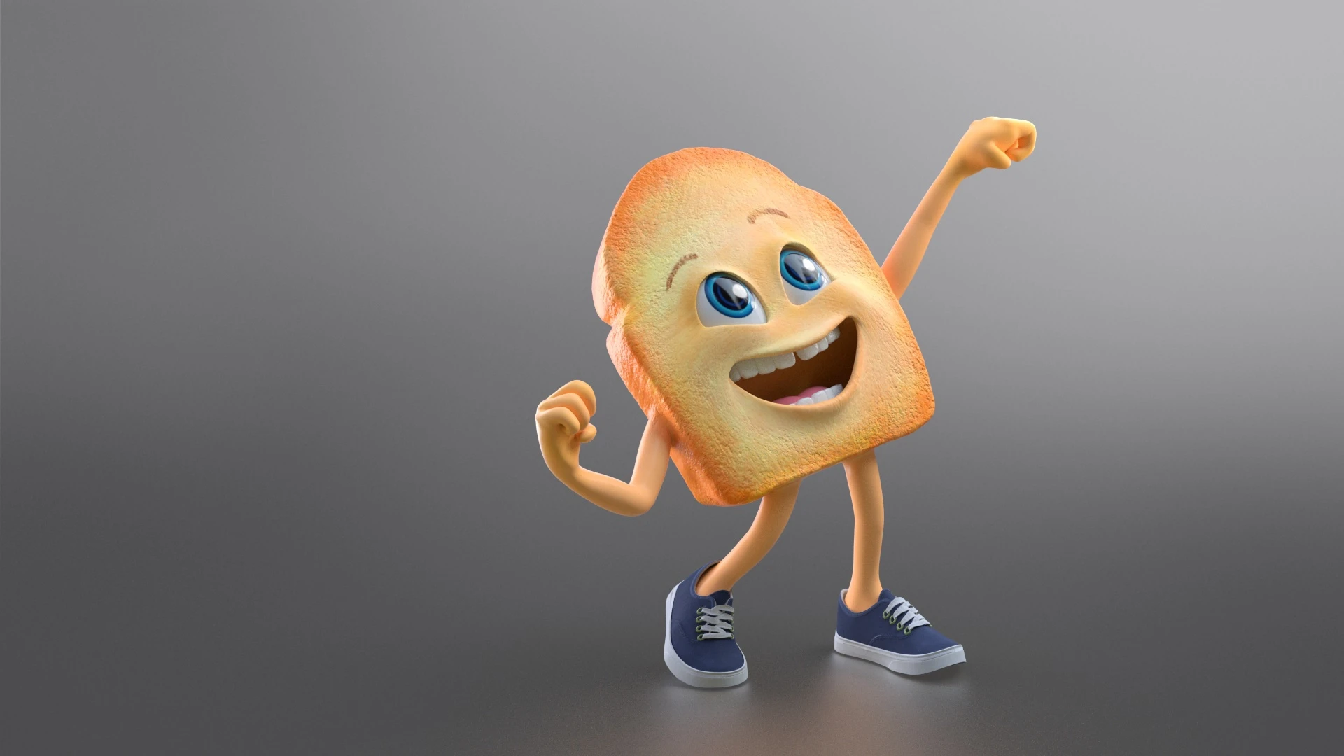 3D render of a zwieback character happily fistbumping the air