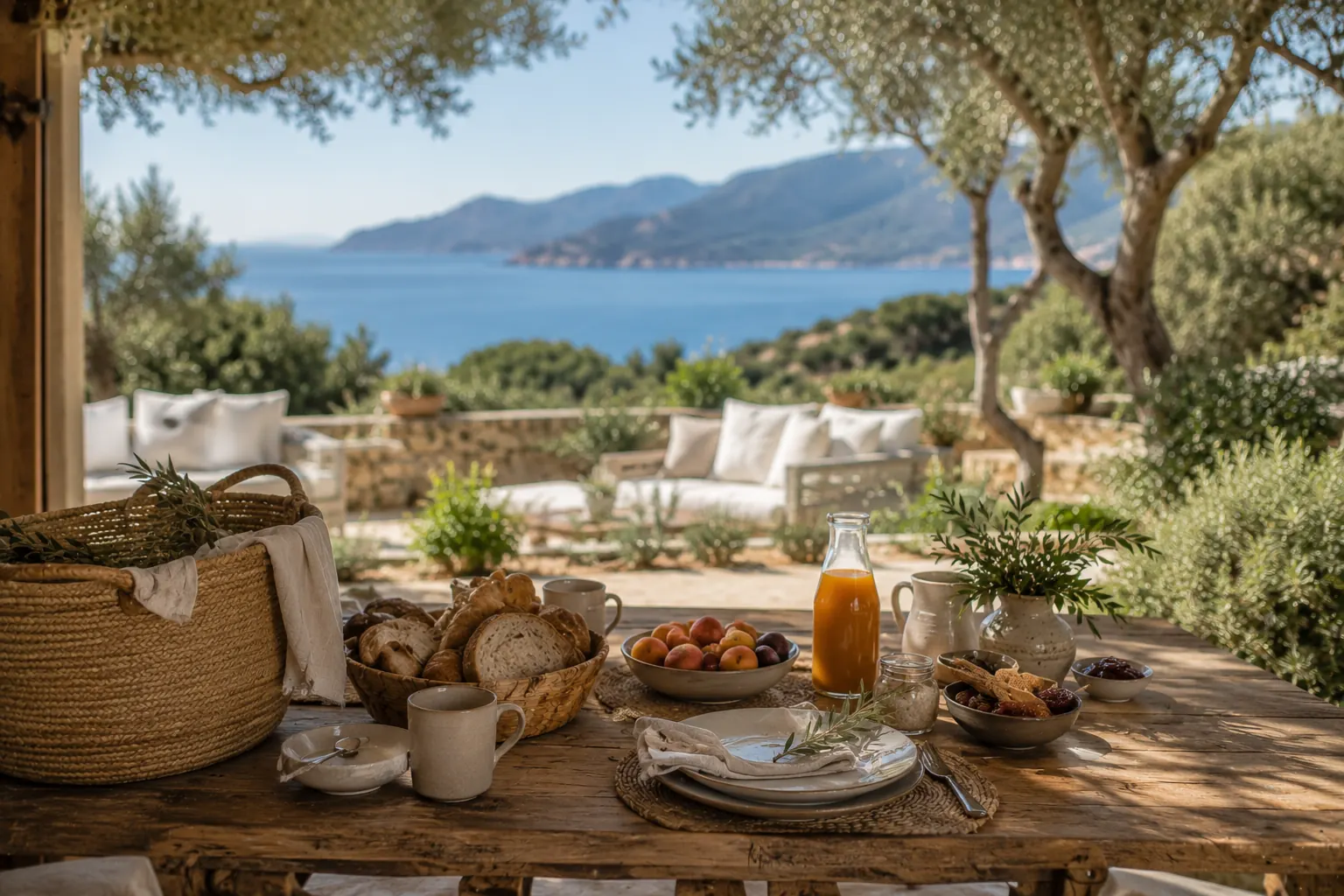 Petit-déjeuner dressé sur une terrasse face à la mer, avec pain, viennoiseries, fruits, jus et vaisselle en céramique.