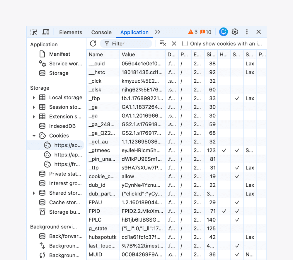 Chrome DevTools Application tab showing Google Analytics cookies (_ga) successfully created in the browser after user consent.