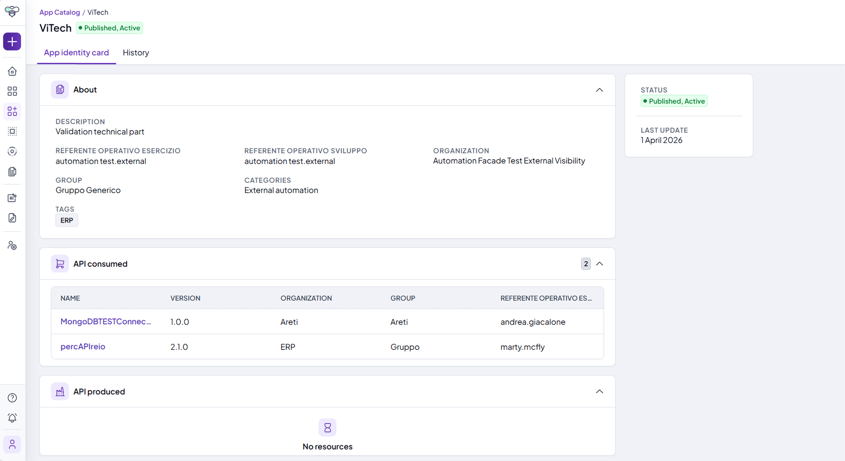 Application identity card with the APIs consumed and the APIs produced