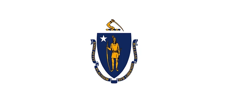 The Massachusetts state flag features a blue shield with a gold Native American holding a bow and arrow, a white star, and a motto on a banner below.