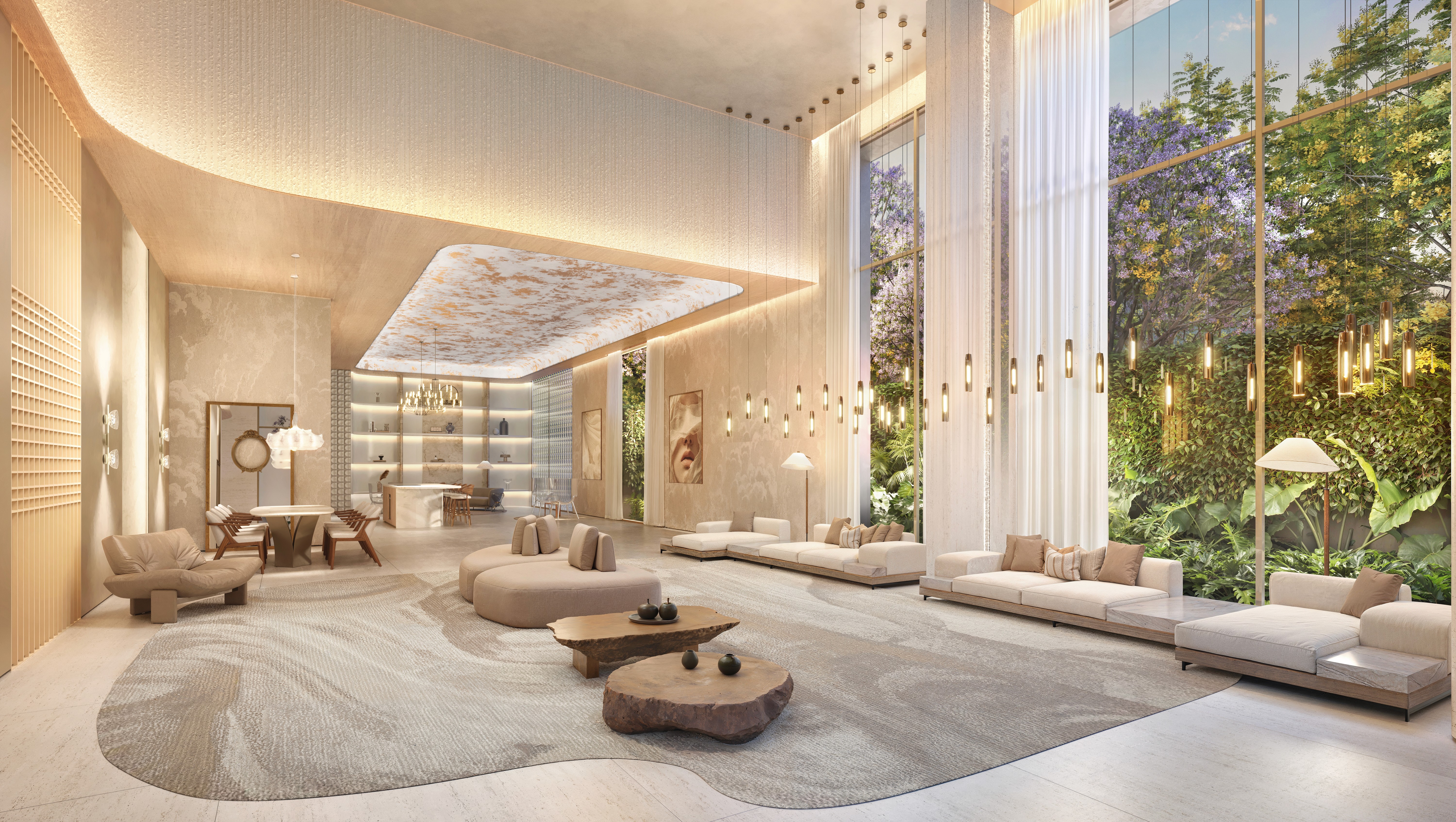 Curved modern skyscraper against a clear blue sky.