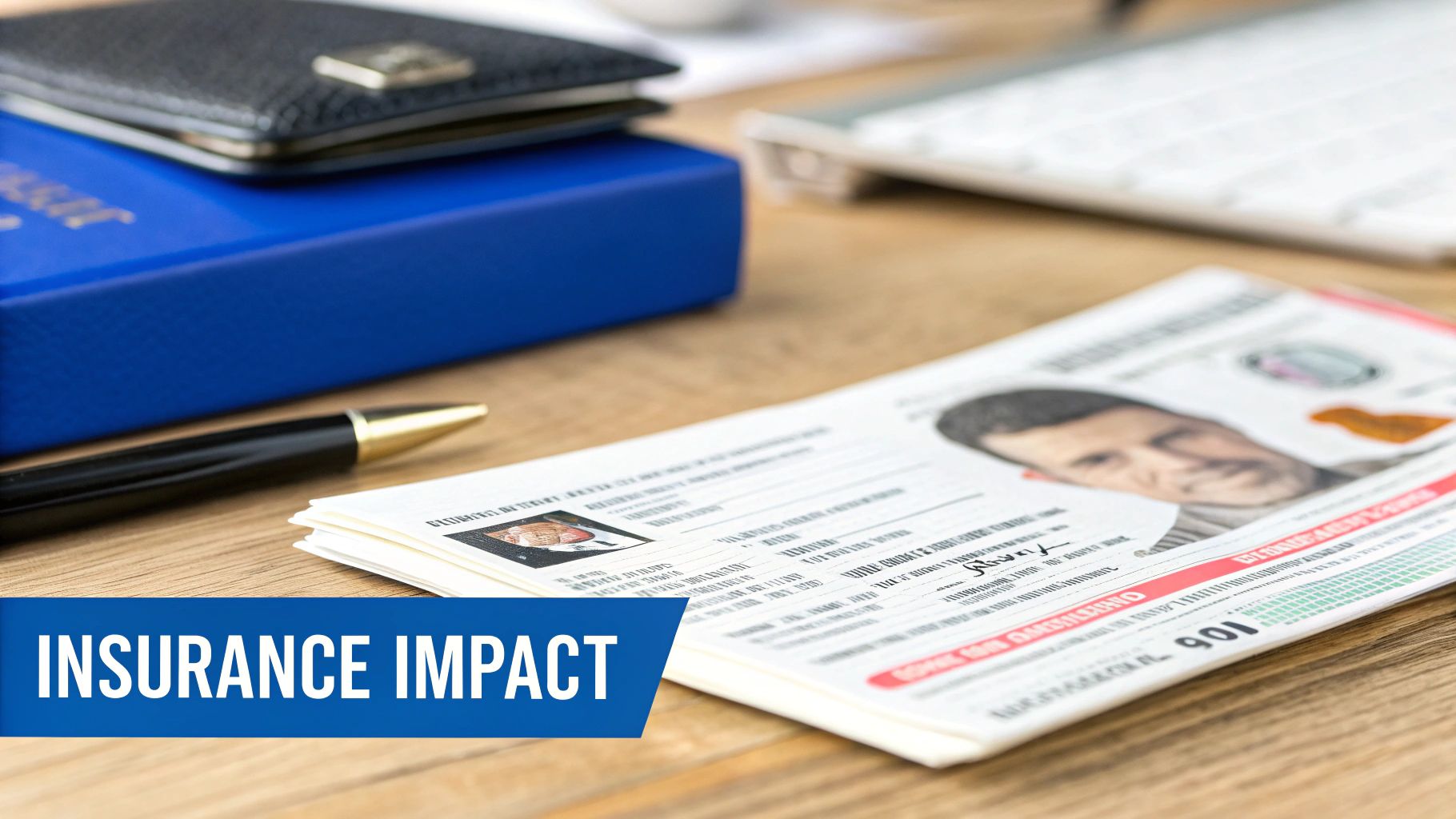 A desk with a wallet, a pen, and important documents, featuring an 'INSURANCE IMPACT' banner.