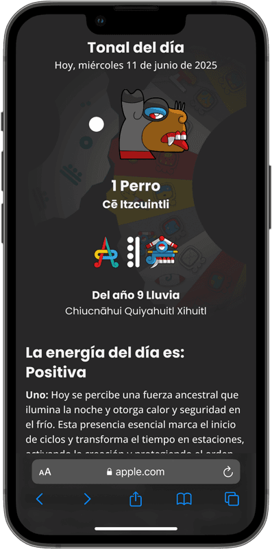 Maqueta de alta fidelidad que muestra la interfaz del 'Tonal del Día' en Tonalkin; se observa el glifo nahua central acompañado de su interpretación simbólica y la energía correspondiente, integrando iconografía tradicional con tipografía legible en español.