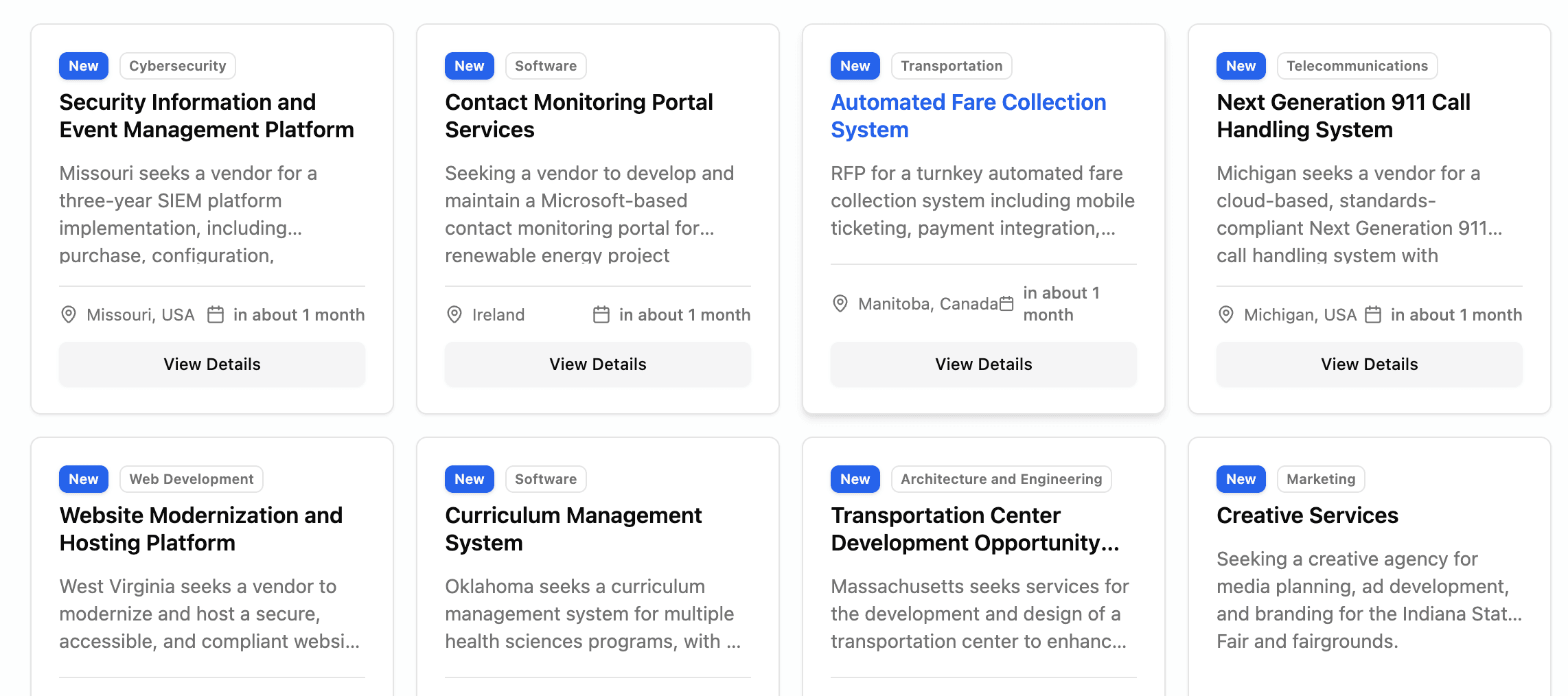 Settle RFP Hunter dashboard displaying a curated feed of active, AI-matched RFP opportunities across industries like software, cybersecurity, and marketing.