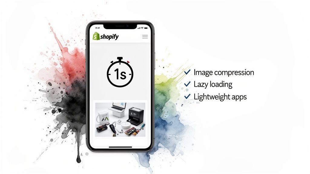 Shopify mobile app shows a 1-second loading time, highlighting image compression, lazy loading, and lightweight apps for faster performance.