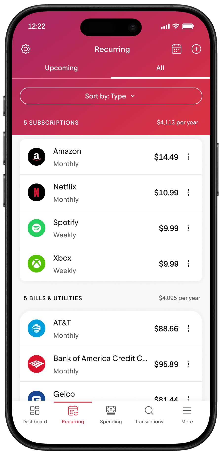 Phone of the Recurring tab in Rocket Money
