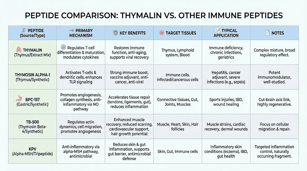 Thymalin peptide comparison with other immune and healing peptides