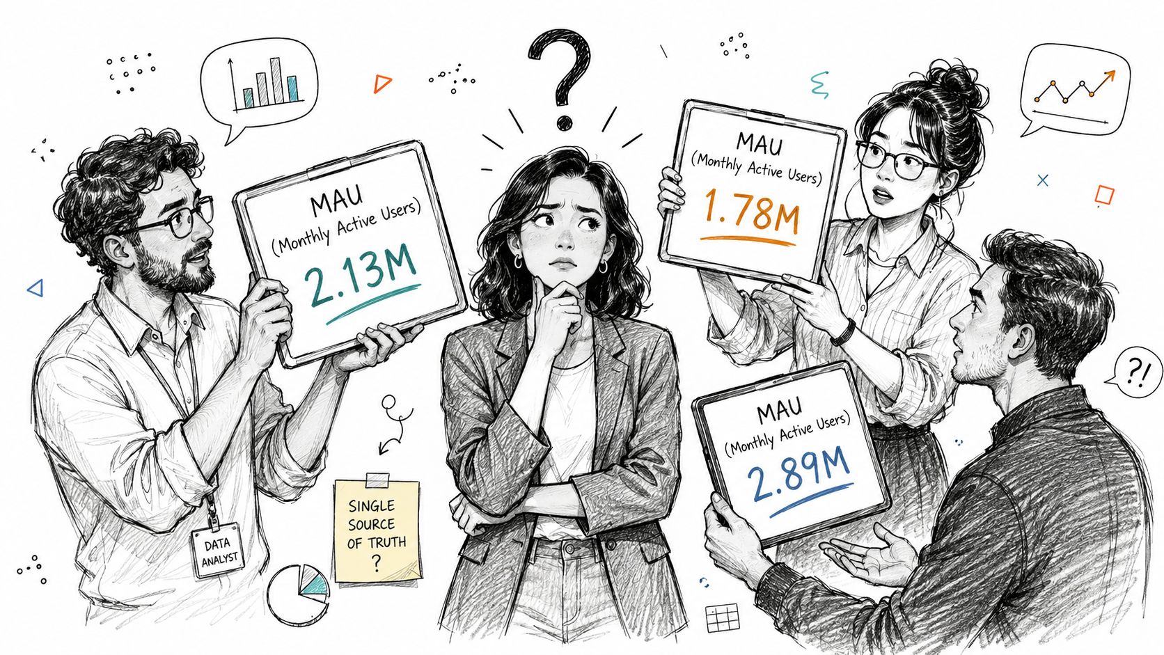 A confused woman looking at conflicting monthly active user data presented by three colleagues in a sketch style.