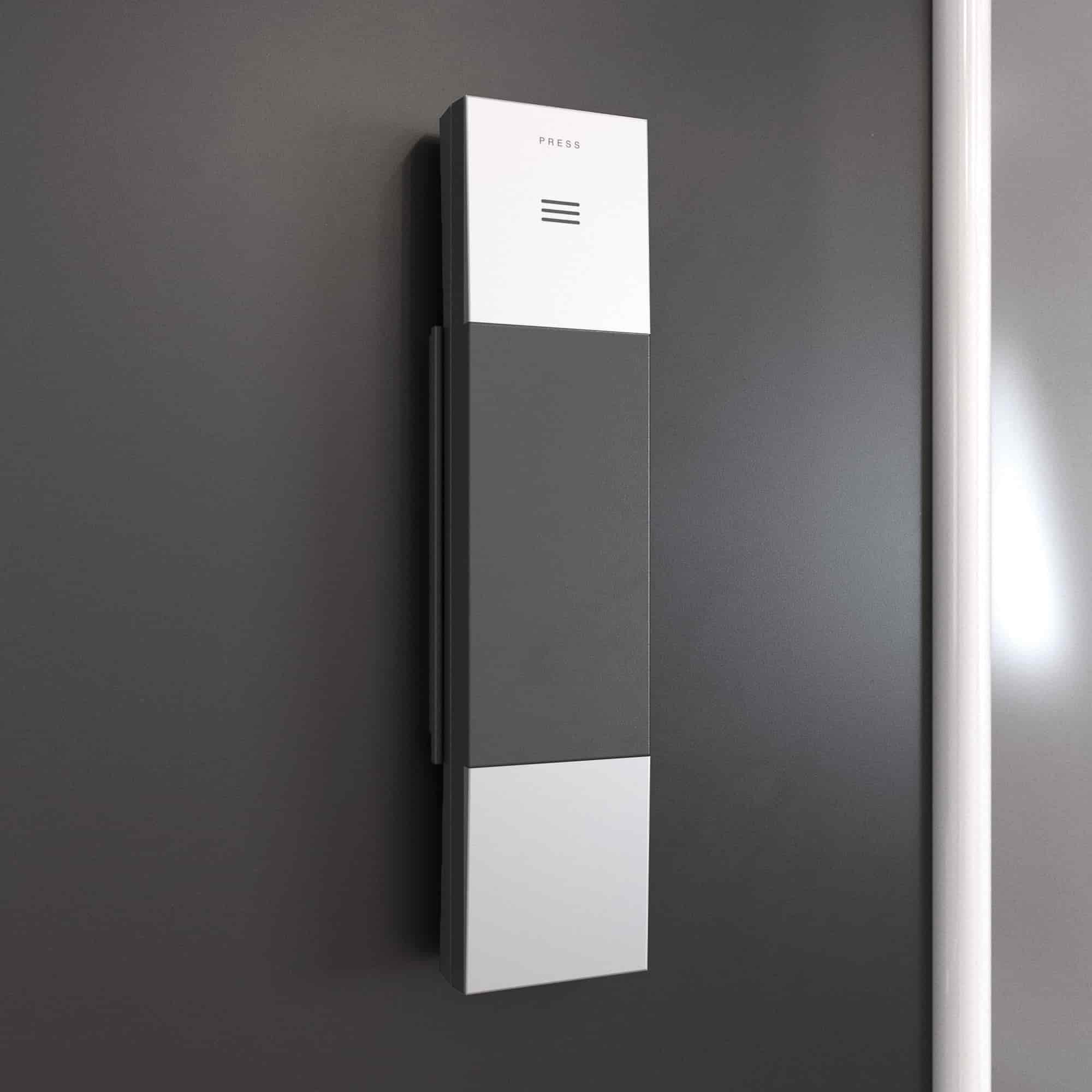 Cabin wall-mounted in-car emergency telephone panel for the Pollock Residential Elevator, with a 'Press' speaker grille set into a dark control column.