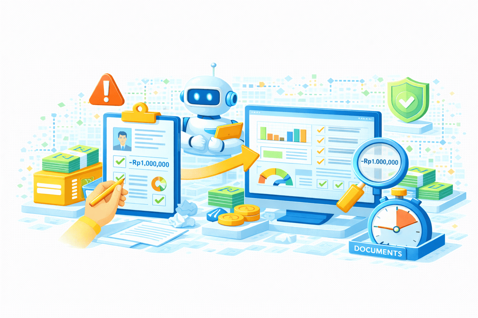 Ilustrasi AI‑assisted financial validation, anomaly resolution, dan compliance workflow. Di kiri, tangan manusia menandai checklist pada clipboard profil nasabah dengan nilai −Rp1.000.000, disertai ikon peringatan yang menandakan temuan awal. Di tengah, AI/robot assistant memegang tablet dan mengarahkan alur perbaikan (panah kuning) menuju dashboard analitik di monitor, yang menampilkan grafik kinerja, indikator validasi, dan checklist hijau. Di kanan, kaca pembesar menyorot nilai −Rp1.000.000 pada laporan yang telah diverifikasi, disertai perisai hijau (approved/compliant). Uang/koin, ikon jam, dan label DOCUMENTS merepresentasikan dampak finansial, ketepatan waktu, serta dokumentasi/audit trail. Visual menggambarkan transisi dari temuan manual ke validasi otomatis berbasis AI yang aman dan patuh.