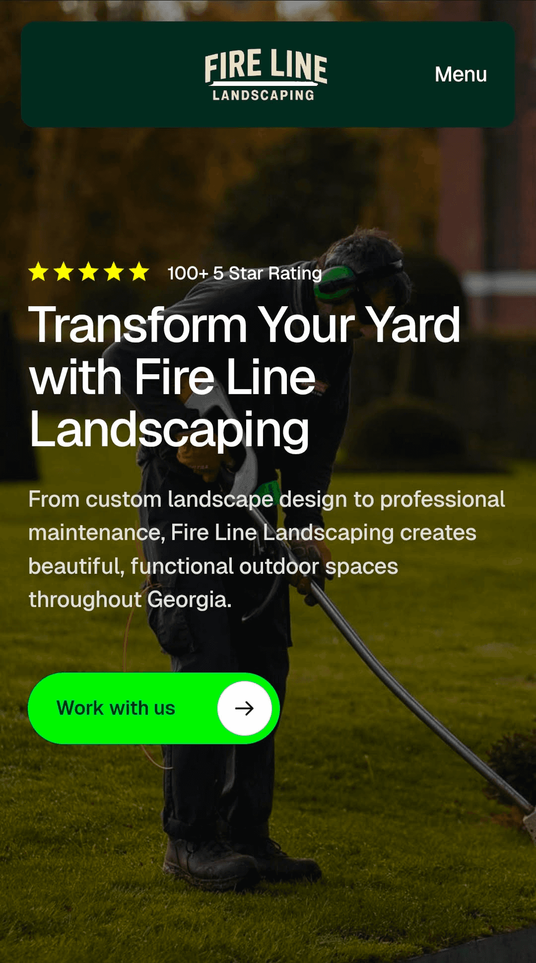 Mobile homepage mockup of Fire Line Landscaping website showing responsive design and landscaping services on smartphone