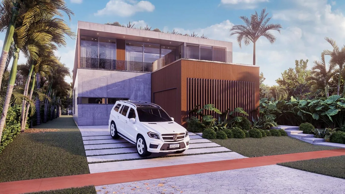 Street view of modern concrete and wood residence with tropical landscaping, Miami Beach Florida