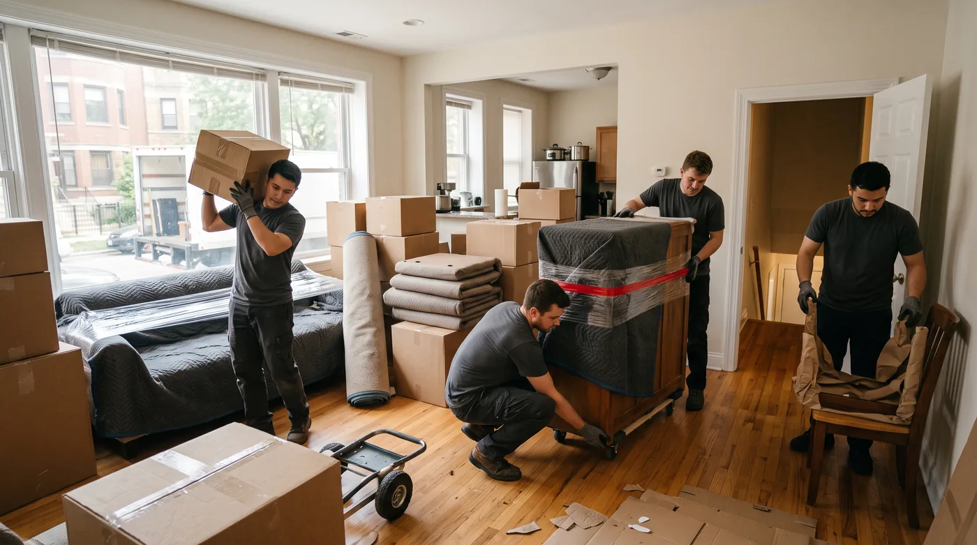 A living room full of boxes and wrapped furniture while the crew works