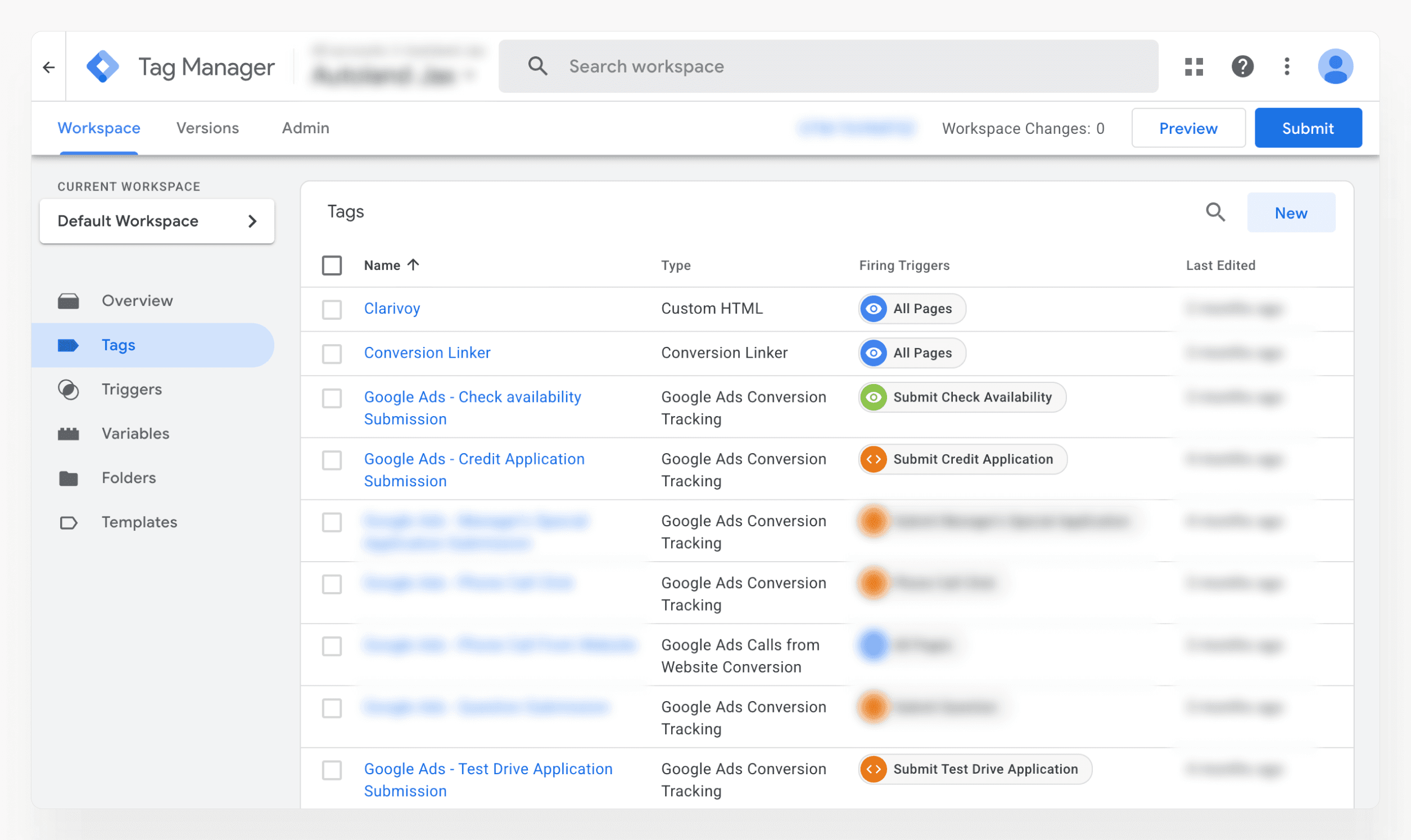 Screenshot of Google Tag Manager with the Tags tab open, showing a list of tags, their types, and trigger conditions.