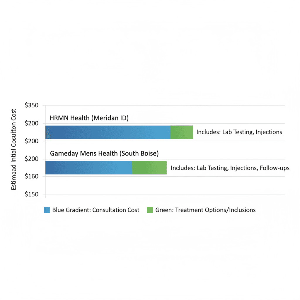 Horizontal bar chart comparing estimated costs and treatment options for TRT clinics in the Boise area, including HRMN Health and Gameday Men's Health.